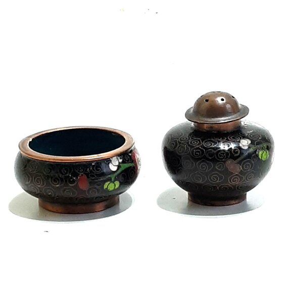 Chinese Cloisonne Open Salt & Pepper Vintage Enamel Brass Floral Black Rose Blue - Picture 4 of 8